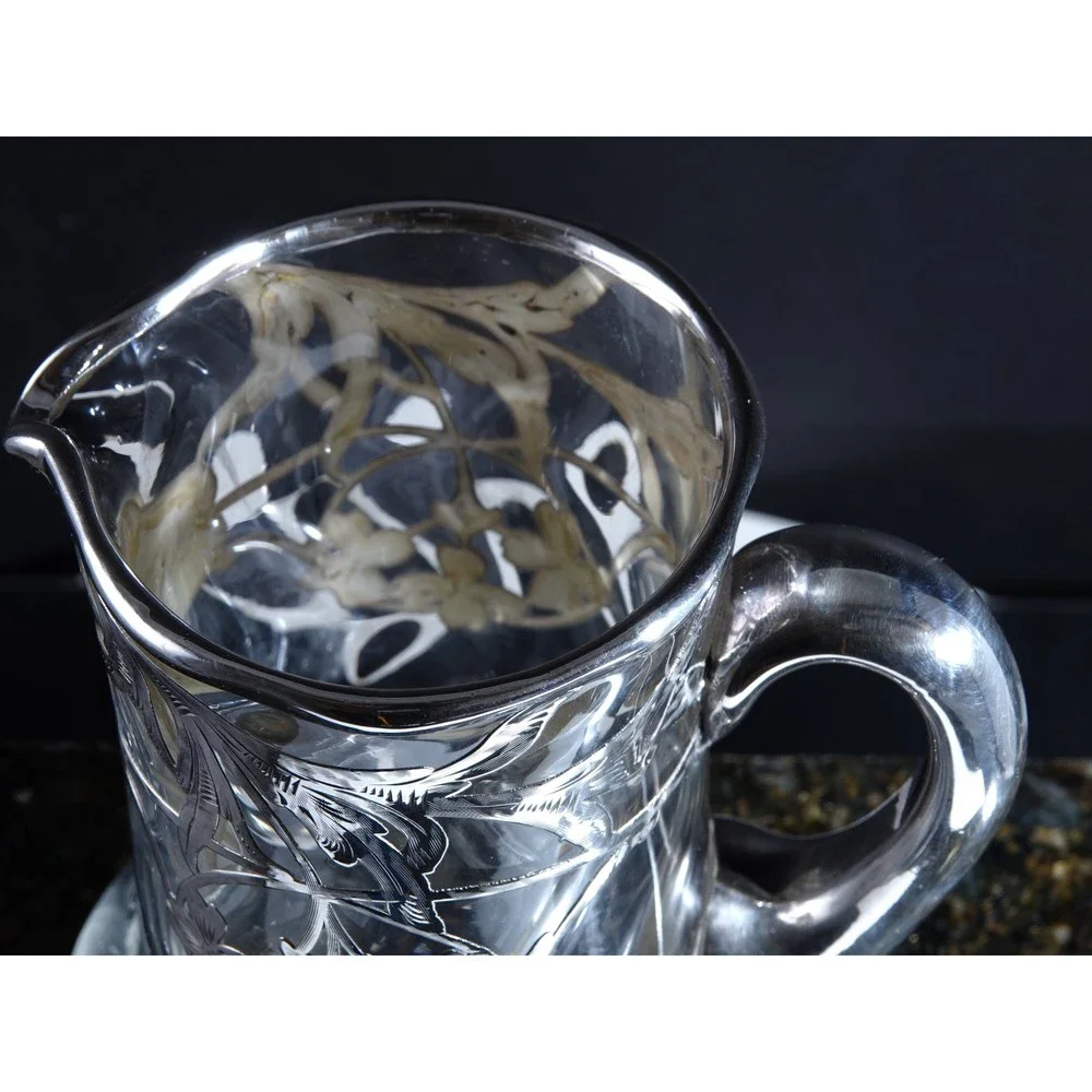 c1900 Art Nouveau Sterling Silver Overlay Art glass Juice Pitcher